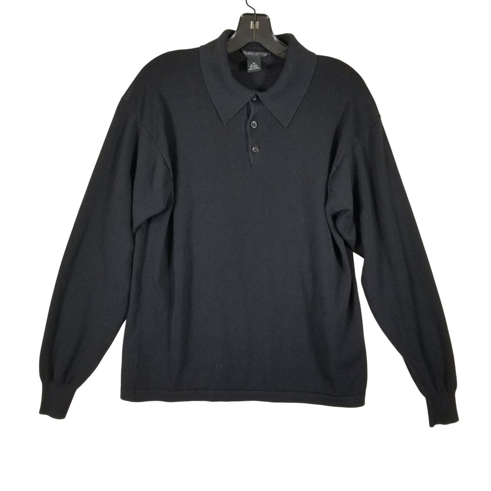 Roberto Omagi Mens Black Silk Cotton Long Sleeve Polo Sweater Knit Top Medium